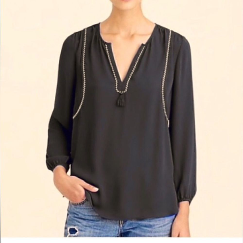 J.‎ Crew tassel trim and twisted rope detail semi sheer black top size 4
